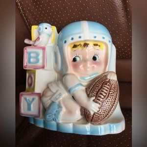 VINTAGE RUBENS BABY PLANTER/ Vase BOY FOOTBALL PLAYER 593 JAPAN